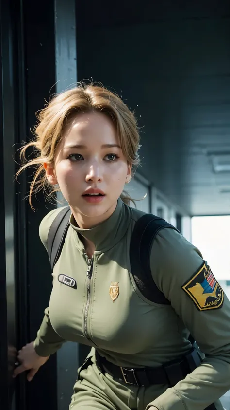 Jennifer Lawrence in special force suit, natural breast, high resolution, realistic art, fighting zombies, 1 mature female, 1 milf, solo, in roof top, green blood splatter, serious face, mouth closed ray tracing, perfect lighting, perfect detail,