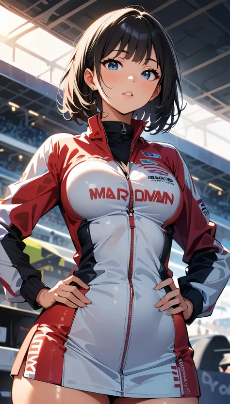 (highest quality:1.2, Very detailedな, up to date, Vibrant, digital coloring, High Contrast, masterpiece:1.2, Best Quality, Best aesthetics), 1 female, Black Hair, Short Hair、Racing Suits, Fuller lips, Fascinating, Sexy Woman, mini skirt, Race Queen, Slende...