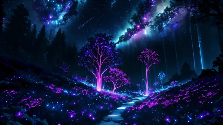 colorful bioluminescence plants in forest, crystals and glowing path, fireflies, pandora planet at night, blue and pink glow, ep...