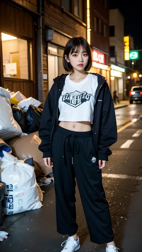 18-year-old,Korean women,((((Standing in front of the house)))),(((Dirty neon street at night))),(((Facing forward))),(((Frowning,カメラをGlaring))),(Very fine eye),((I cant see my stomach)), (((Wearing a long black down jacket,Wearing baggy pants))),(((Collap...