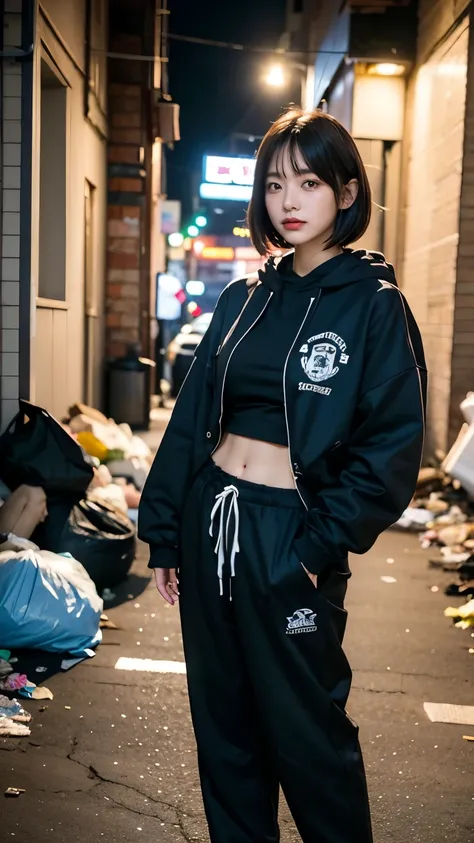 18-year-old,Korean women,((((Standing in front of the house)))),(((Dirty neon street at night))),(((Facing forward))),(((Frowning,カメラをGlaring))),(Very fine eye),((I cant see my stomach)), (((Wearing a long black down jacket,Wearing baggy pants))),(((Collap...