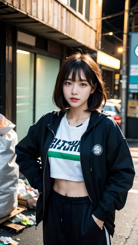 18-year-old,Korean women,((((Standing in front of the house)))),(((Dirty neon street at night))),(((Facing forward))),(((Frowning,カメラをGlaring))),(Very fine eye),((I cant see my stomach)), (((Wearing a long black down jacket,Wearing baggy pants))),(((Collap...