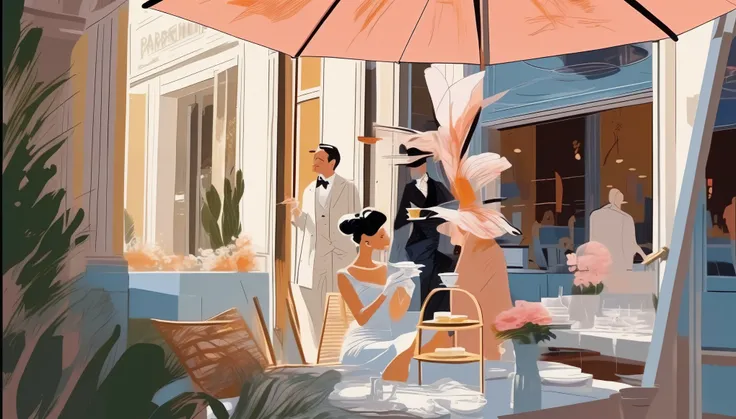  A fashionable couple is having afternoon tea under a huge parasol outside the store，best quality, masterpiece, 8k,by David Downton