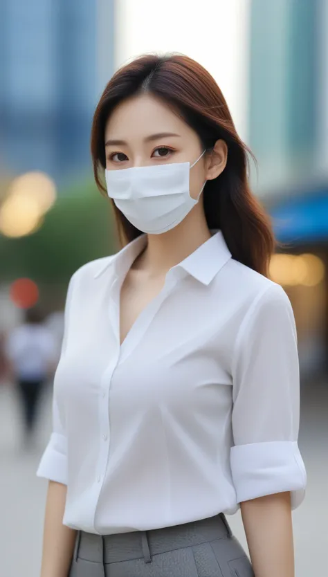 close-up of beautiful korean female, 34 inch breasts size, wearing rolled sleeves shirt, mouth mask, standing against the building, bokeh background, UHD