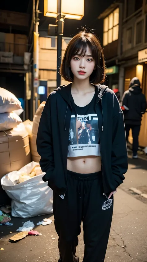 18-year-old,Korean women,((((Standing in front of the house)))),(((Dirty neon street at night))),(((Facing forward))),(((Frowning,カメラをGlaring))),(Very fine eye),((I cant see my stomach)), (((Wearing a long black down jacket,Wearing baggy pants))),(((Collap...