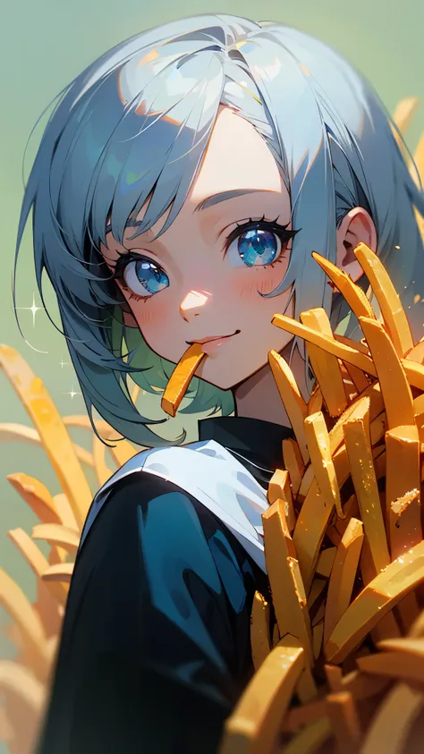 16-year-old girl、Anime style painting、Upper body close-up、smile、From the side, impression, (Oil), Green and orange tones、Silver Hair, (Sparkling blue eyes)、Eating French Fries