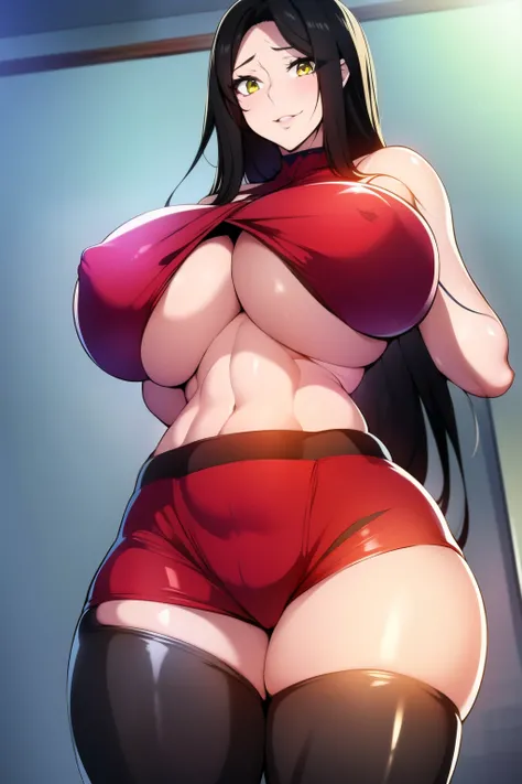 An anime-style artwork depicting Kousaka Shizuru from the game Honkai star rail.

Tags: Kousaka Shizuru, anime, detailed eyes, detailed lips, ass, bare shoulders, (black hair:1.4), crop top, turtleneck, cleavage, miniskirt,curvy, thighs, higheels, shiny cl...