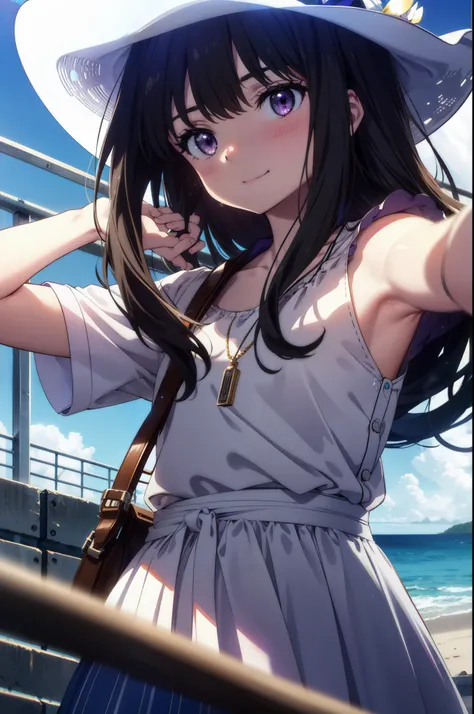 Takiuchi, Inoue Check, Long Hair, bangs, Black Hair, (Purple eyes:1.2),happy smile, smile, Open your mouth,smile,blush,Blue long skirt one-piece dress,No sleeve,Bare arms,Rocket Pendant,Cute Sandals,White hat,True Summer,Clear skies,So that the whole body ...