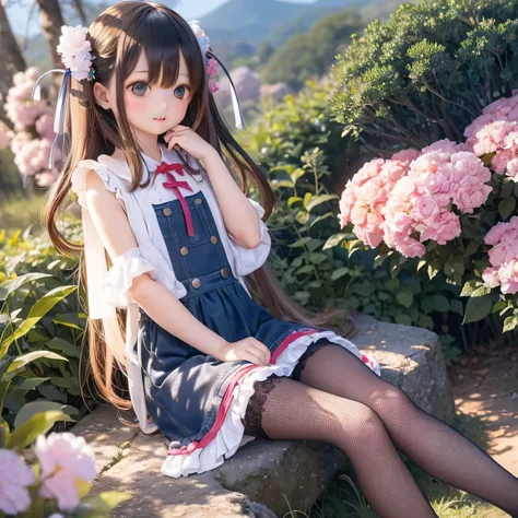 (ocean View) Girl inside(Calm) Country garden, Lush greenery and vibrant flowers々Surrounded by. she is(Wooden bench) and a(Soft cushion) While she gazes into the distance. The garden is located at the foot of a majestic mountain.(range) Reaching the sky, a...