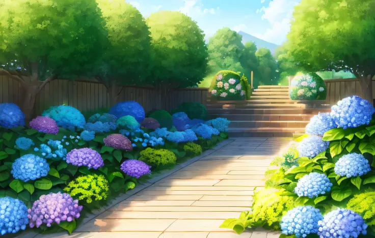 Flat Design, Flat Illustration, Vector illustration, Illustrations created with Adobe Illustrator, (A serene June landscape, Characterized by the abundant beauty of blooming hydrangeas. In the foreground, A path through a vibrant garden filled with colorfu...