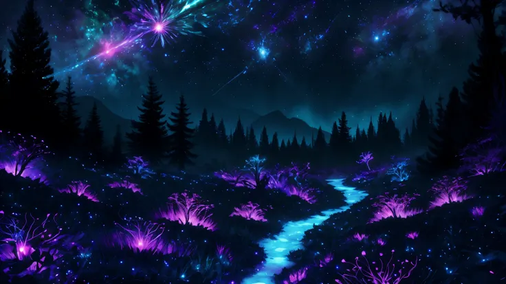 Colorful bioluminescence plants in forest, crystals and glowing path, fireflies, Pandora planet at night, blue and pink glow, epic landscape in background, hazy planet in the sky, galaxy and stars in the sky, rim light, volumetric light, colorful, contrast...