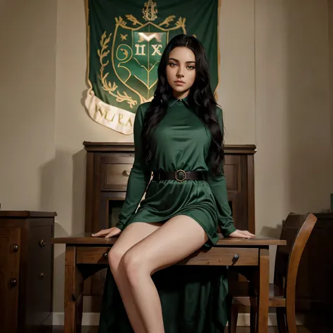 A beautiful young Hogwarts student from the Slytherin house. She has long black hair that falls in silky waves to her waist. Her mint green eyes exude strength and arrogance. Her skin is fair and flawless, and her features are delicate. She wears the Slyth...