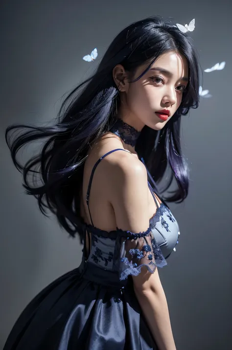 Face enhancement，Dark blue flowers ，Dark blue lace suspender skirt，Red lip glaze，Hairpin hanging down，The clothes are gorgeous and complicated，Complex and complicated background，blown up by the wind，Gradient hair，Silver hair，Purple Hair，Blue Hair，front Pho...