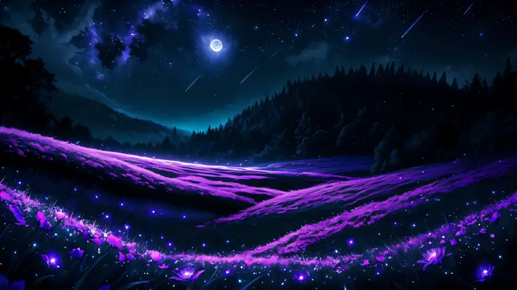 landscape, moonlight, night time, stars, fireflies, flowers. night time, magical, fantasy, mythical, 4k, 8k, extremely clear, ma...