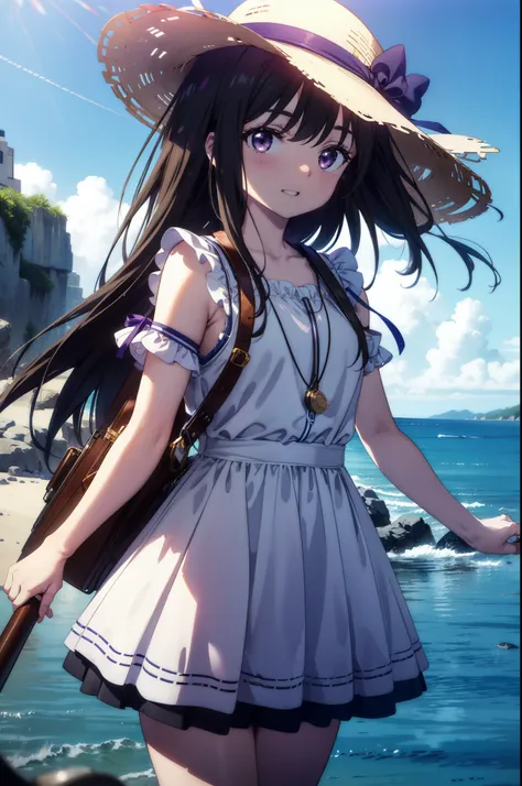 Takiuchi, Inoue Check, Long Hair, bangs, Black Hair, (Purple eyes:1.2),happy smile, smile, Open your mouth,smile,blush,Blue long skirt one-piece dress,No sleeve,Bare arms,Rocket Pendant,Cute Sandals,White hat,True Summer,Clear skies,So that the whole body ...