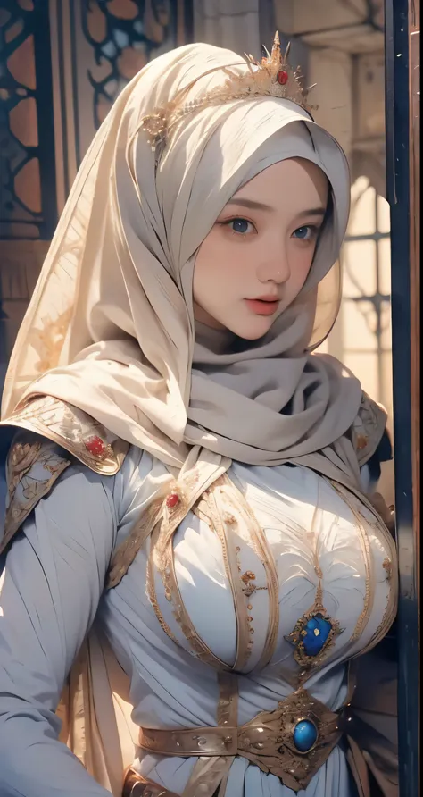 front body, wearing a hijab , crown luxury , blue eye, blond hair, around 17 years old, (golden silver hijab), tmasterpiece，best...