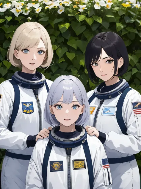 3 women, wearing astronaut uniforms,30 years old, different hairstyles, different hair colors, different hair styles, different eye colors, ultra detail, ultra HD, garden background