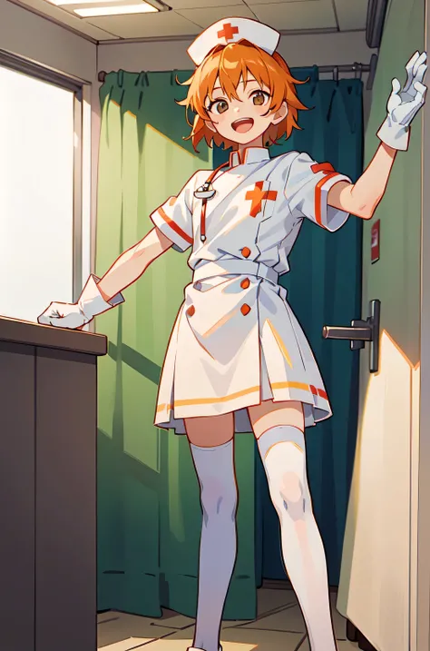 1boy, solo, male focus, nurse, white nurse cap, white nurse uniform, ((white legwear, zettai ryouiki)), white gloves, short hair, orange hair, smile, open mouth, standing, ((hospital room)), sharp outline, short sleeves, shota, 12 years old, best quality, ...