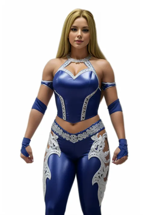 Close-up of a sweedish woman in a blue outfit, (best quality, highres:1.2), ultra-detailed, realistic:1.37, vibrant colors, natural lighting, portrait, detailed eyes, detailed lips, blue lips, flowing dress, wwe ,confident expression, fashionable, long blo...