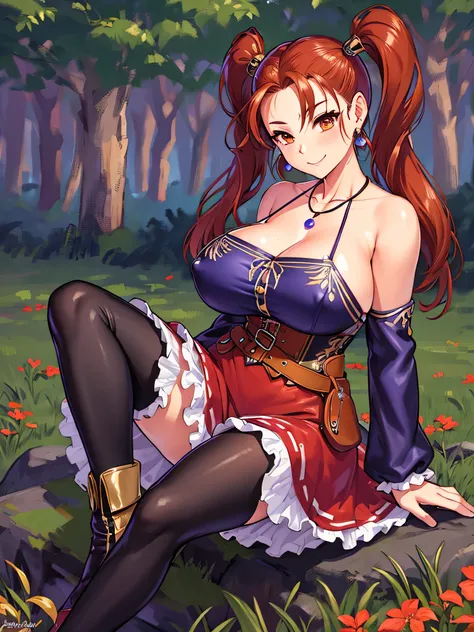 Jessica_Albert、Brown eyes、long hair、Twin tails、Earrings、necklace、Strapless Dress、Purple shirt、Long sleeve、corset、belt、Red Skirt、Long skirt、Frills、Black Pantyhose、boots、(Huge breasts:1.4)、blush、smile、grassland、Sit with your legs apart、Lace panties、Leg sprea...