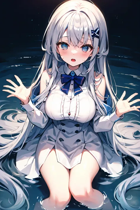 highest quality, masterpiece, Silver Hair、Long Hair、straight、blush、whole body、Drenched in water、Knee socks、Sleeping at the waterhole、Big Breasts、cute