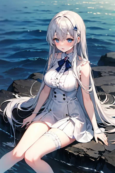 highest quality, masterpiece, Silver Hair、Long Hair、straight、blush、whole body、Drenched in water、Knee socks、Sleeping at the waterhole、Big Breasts、cute