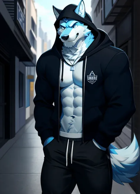 Wolf Orc，thin and tall，Light blue all over，White belly，The tip of the tail is dark blue，Wear a blue sweatshirt，Wearing a pair of black suit pants，with hood，Serious expression,on the street,Solitary Key Points, Delicate face, Delicate eyes,natural lighting,...