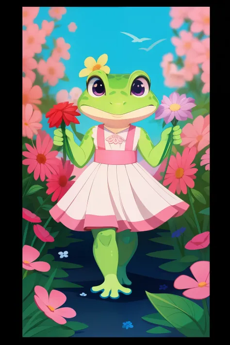 Cute frog walking with flowers in hand，vivd colour，lightand shade contrast，hyper-high detail，4K，flatillustration