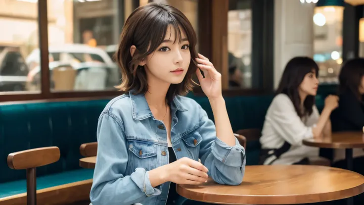 super high quality, Fashion Model, Short Hair, Slender, (8k、RAW Photos、highest quality、masterpiece:1.2), Japanese Idol, Serious expression, Shaggy, brown hair, Stylish café, Fashion magazine shooting, The cafe is crowded with people enjoying themselves., (...