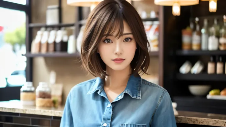 super high quality, Fashion Model, Short Hair, Slender, The staff is working at the counter in the back., (8k、RAW Photos、highest quality、masterpiece:1.2), Japanese Idol, Serious expression, Shaggy, brown hair, Stylish café, Fashion magazine shooting, (Real...