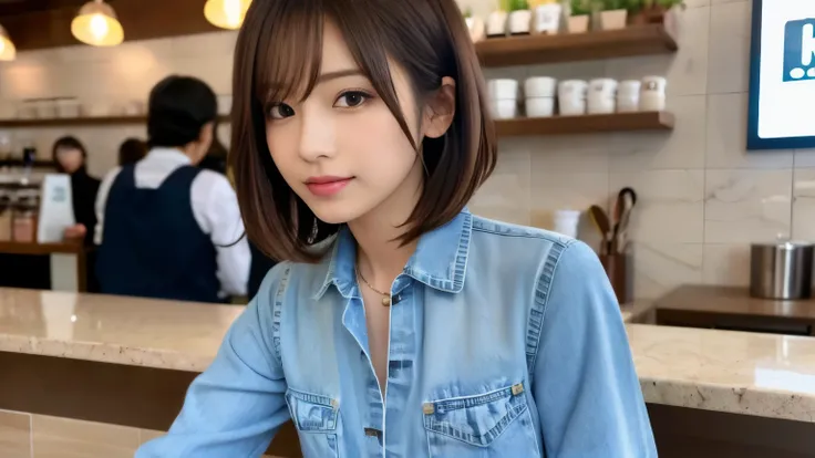super high quality, Fashion Model, Short Hair, Slender, The staff is working at the counter in the back., (8k、RAW Photos、highest quality、masterpiece:1.2), Japanese Idol, Serious expression, Shaggy, brown hair, Stylish café, Fashion magazine shooting, (Real...