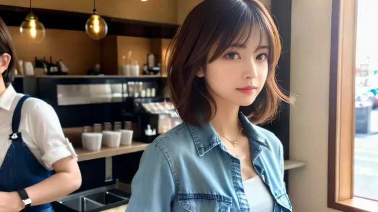 super high quality, Fashion Model, Short Hair, Slender, The staff is working at the counter in the back., (8k、RAW Photos、highest quality、masterpiece:1.2), Japanese Idol, Serious expression, Shaggy, brown hair, Stylish café, Fashion magazine shooting, (Real...