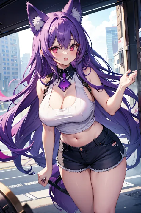 Fox Girl, Large Breasts, Voluminous purple hair, masterpiece , Red eyes, hd, Thick thighs, Head to Chest, buried in my chest、Underboob、Double teeth、tooth、Sleeveless shirt、Shorts、Chubby