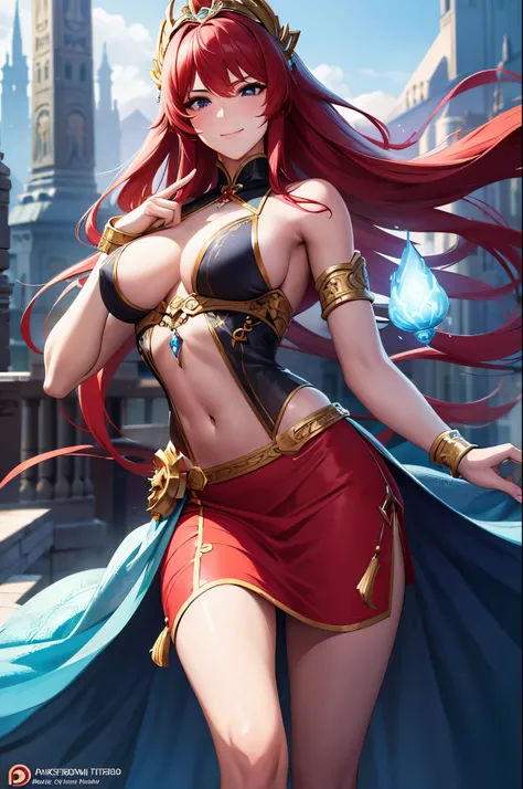 8k,Goddess Close-up, Gorgeous Dress, sexy超美人(Like the real thing)Goddess of War,Slender body,Muscular woman,smile,Kind eyes,Beautiful long red hair,Strongly defined abdominal muscles,sexy,Highly detailed artwork, Alexandra Fomina Art Station, 2. 5d cgi ani...