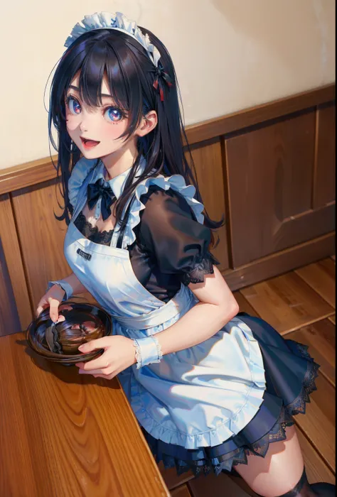 1girl, teen, working in tearoom (white maid apron:1.5) (black lace maid dress,black lace long maid skirt,maid headband,maid bow tie,wrist cuffs,black lace stockings:1.3) BREAK (cute,sweet,smile,bare face,big eyes, open mouth:1.4) black hair, straight hair,...