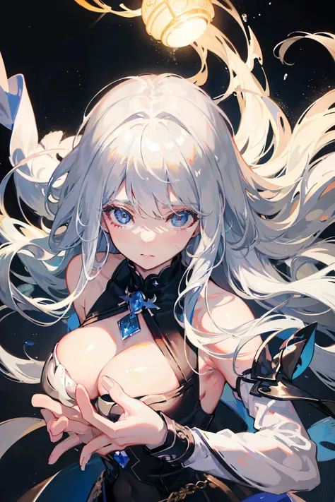 A silver-haired girl ，illuminated by soft light。Her eyes are full of determination，Trying to break free from the caught of many hands。 convey drama , emotion,Half body view, face detailed, masterpiece, best quality, stage lighting, ((struggle))