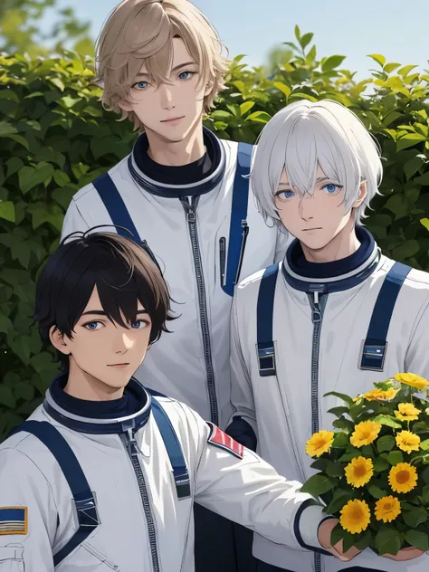 3 men, wearing astronaut uniforms, 30 years old, different hairstyles, different hair colors, different hair styles, different eye colors, ultra detail, ultra HD, garden background