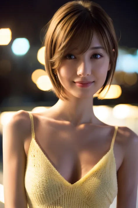 19-year-old girl, (Light yellow V-neck sheer knit dress), (Cleavage), RAW Photos, highest quality, (Realistic), Very delicate and beautiful, Very detailed, 8k wallpaper, High resolution, Soft Light, Very detailedな目と顔, Beautiful and detailed nose, Fine and ...