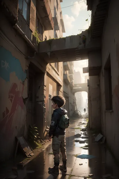 In the heart of urban decay, a curious and energetic boy explores the crumbling ruins of his city. Dressed in worn-out clothes, his eyes sparkle with a sense of adventure as he navigates through the maze of dilapidated buildings. The air is thick with the ...