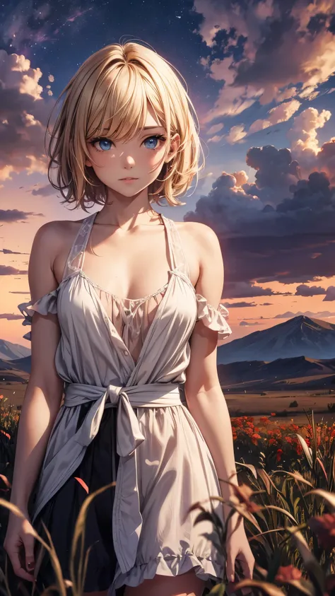 outside the red sky,A girl standing alone on a huge empty glass land,ruin,there is nobody in the huge grassland,A woman in her 20s with short blonde hair,(woman close up)