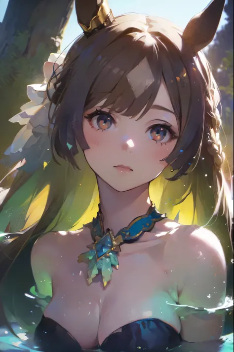 satono diamond,umamusume、Girl submerged in water up to her chest,Pigtails,Naked ,((Small Bust)),((Fair skin)),((pubic hair)),in the forest,Summer blue sky,Summer sunshine,((Very detailed))、(Fully detailed face)、(Very detailed手)、(highest quality、4k、8k、High ...