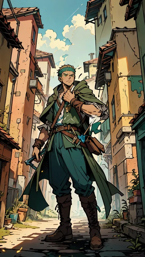 A young man with messy sky-blue short hair, a headband tied around his forehead, handsome face, calm expression, ((a fantasy-style short-sleeved robe coat with a unique half-side design, a green undershirt underneath)), an archers wrist guard, a cloth belt...