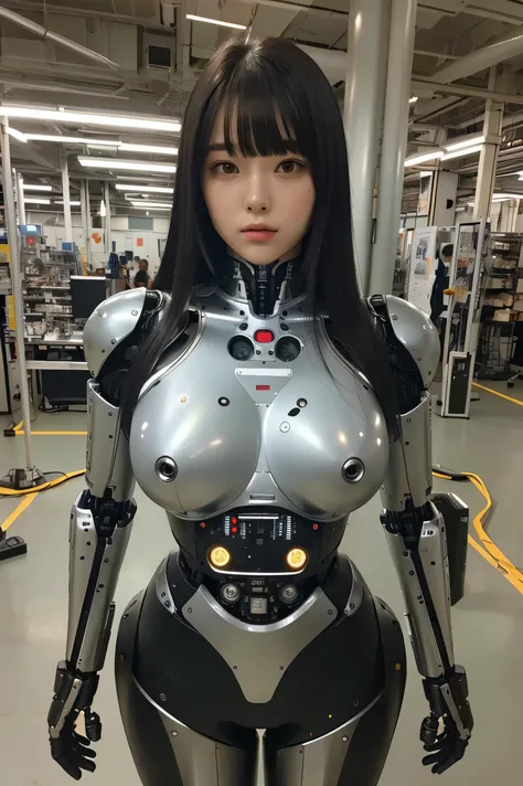 masterpiece, best quality, extremely detailed, Japaese android girl,portrait,Plump,a bit chubby,control panels,android,Droid,Mechanical Hand, Robot arms and legs, Black hair,Blunt bangs,perfect robot girl,long tube,thick cable connected her neck,android,ro...