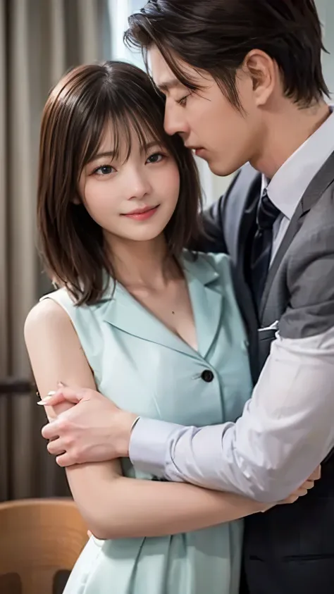 highest quality、4K quality、A woman in a suit being embraced by a man、slender、Small face、18-year-old、女はslender、The man grabs the woman&#39;s chest tightly