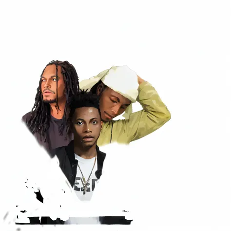 there are three men that are standing together in a photo, sitting down, ((oversaturated)), album art, raggae art, random artists, illustrative!!, trending on artist, fan art, edited, high quality fanart, white background!!!, hq artwork, collage of styles,...