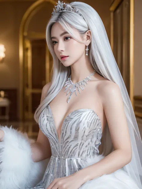 (Masterpiece, best quality: 1.4), Detailed background, White Crystal, crystal cluster,long hair,decorations, earring, necklace, crown, bride, white hair, radius,