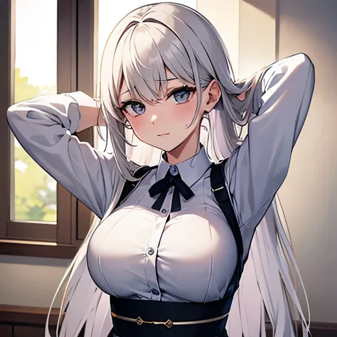 (highest quality, 32k, detailed), Long white hair, (Beautiful Eyes:1.2), Beautiful Face, ((One adult woman)), Arms behind head,White Shirt,((脇Sweat染み)),  A room in the company, window, Sweat, blush,