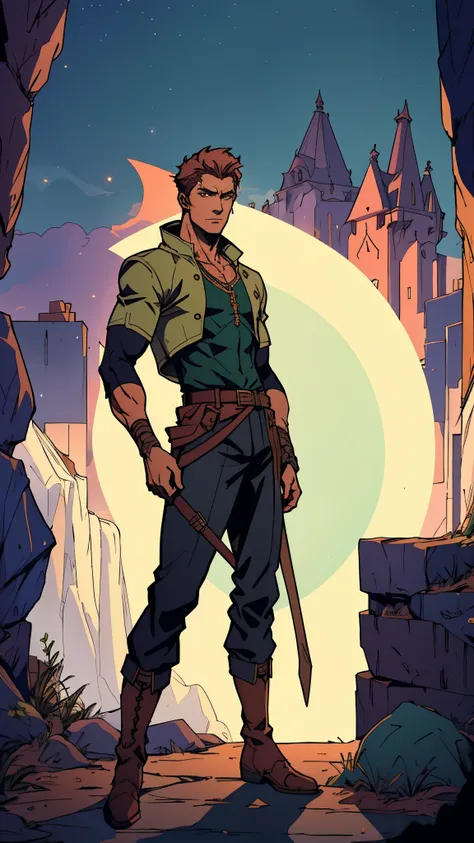 A young man with messy azure short hair, a headband tied around his forehead, handsome face, calm expression, ((a fantasy-style short-sleeved robe coat with a unique half-side design, a green undershirt underneath)), an archers wrist guard, a cloth belt, c...