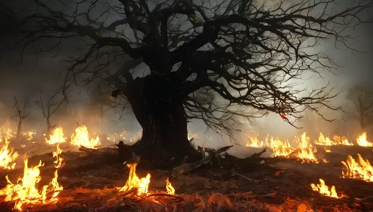 burning forest,mystery,sadness,past,ominous atmosphere,thick smoke,glowing embers,crackling flames,abandoned trees,dark shadows,twilight,mourning,remains of nature,distant echoes,flickering light,silhouettes,devastation,distant memories,void,haunting beaut...