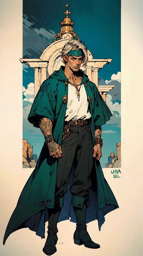 A young man with messy sky-blue short hair, a headband tied around his forehead, handsome face, calm expression, ((a fantasy-style short-sleeved robe coat with a unique half-side design, a green undershirt underneath)), an archers wrist guard, a cloth belt...